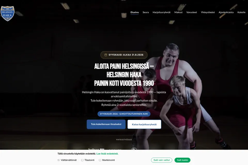 Painiseura Helsingin Haka: verkkosivuston näkymä