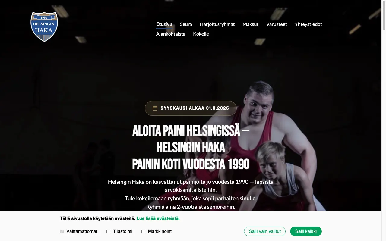 Helsingin Haka: toteutetun verkkosivuston näkymä