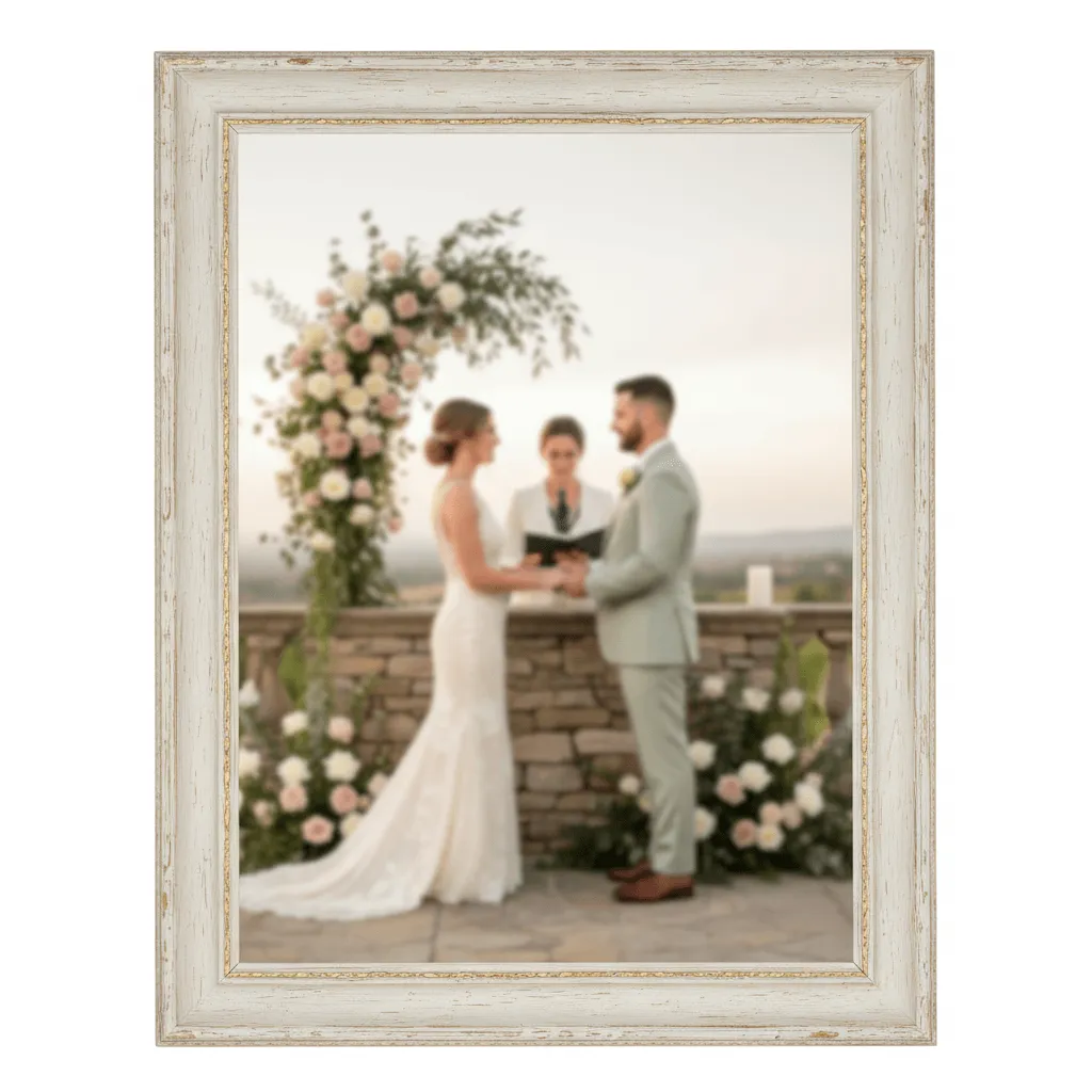 Alttarikuvio sulautuen taustaan – hääpari seremonian hetkessä