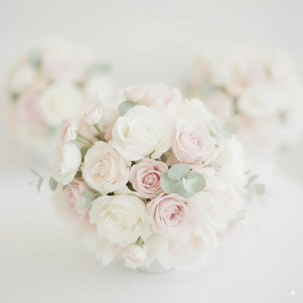 Hääkukka-asetelma hempeissä sävyissä, pehmeällä taustalla